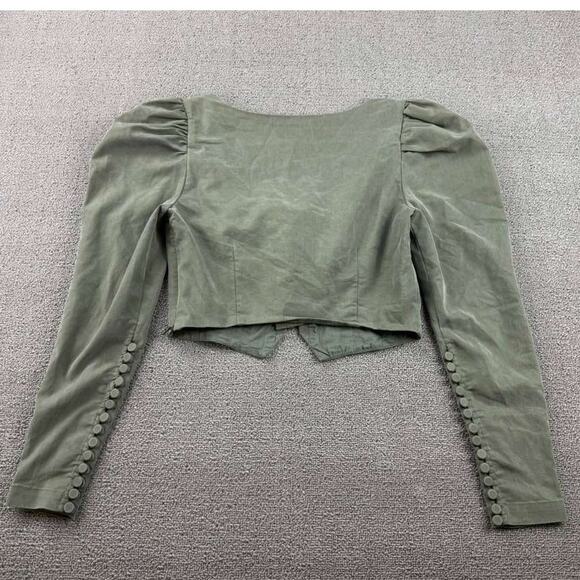 L Academie Blouse Women S Green Lace Up Long Sleeve Cropped Puff Victorian Style - Picture 2 of 7